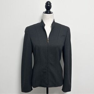 Escada Gray Wool Blend Gold Tone Zipper V Neck Mandarin Collar Blazer Jacket 34